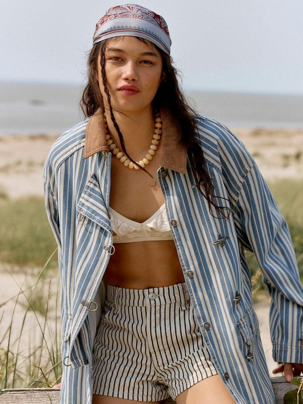 Free People Oversized Preppy Coastal Striped Denim Barn Coat Jacket XL